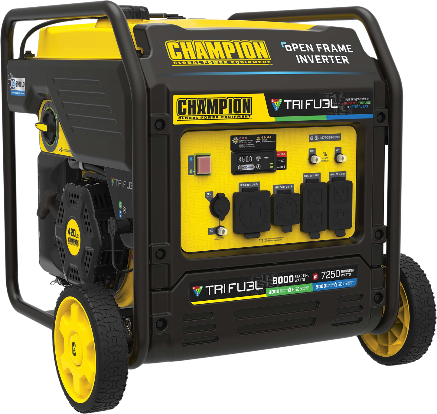 Champion 201176 Tri-Fuel Open Frame Inverter Generator 7250W/9000W Electric Start with CO Shield Gas Propane Natural Gas New