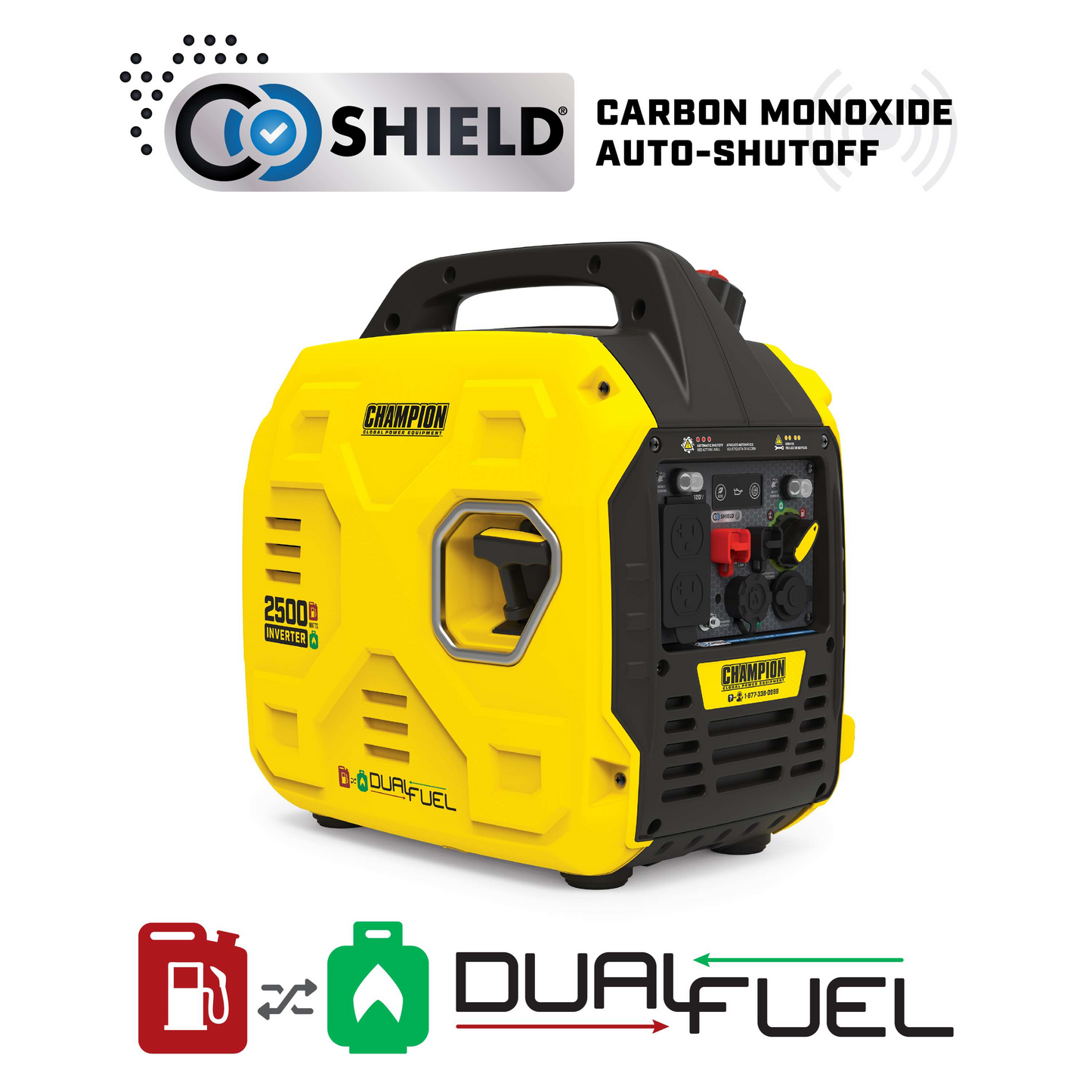 Champion 201183 Dual Fuel Gas Propane Inverter Generator 1850W/2500W Low THD and Parallel Ready with CO Shield New