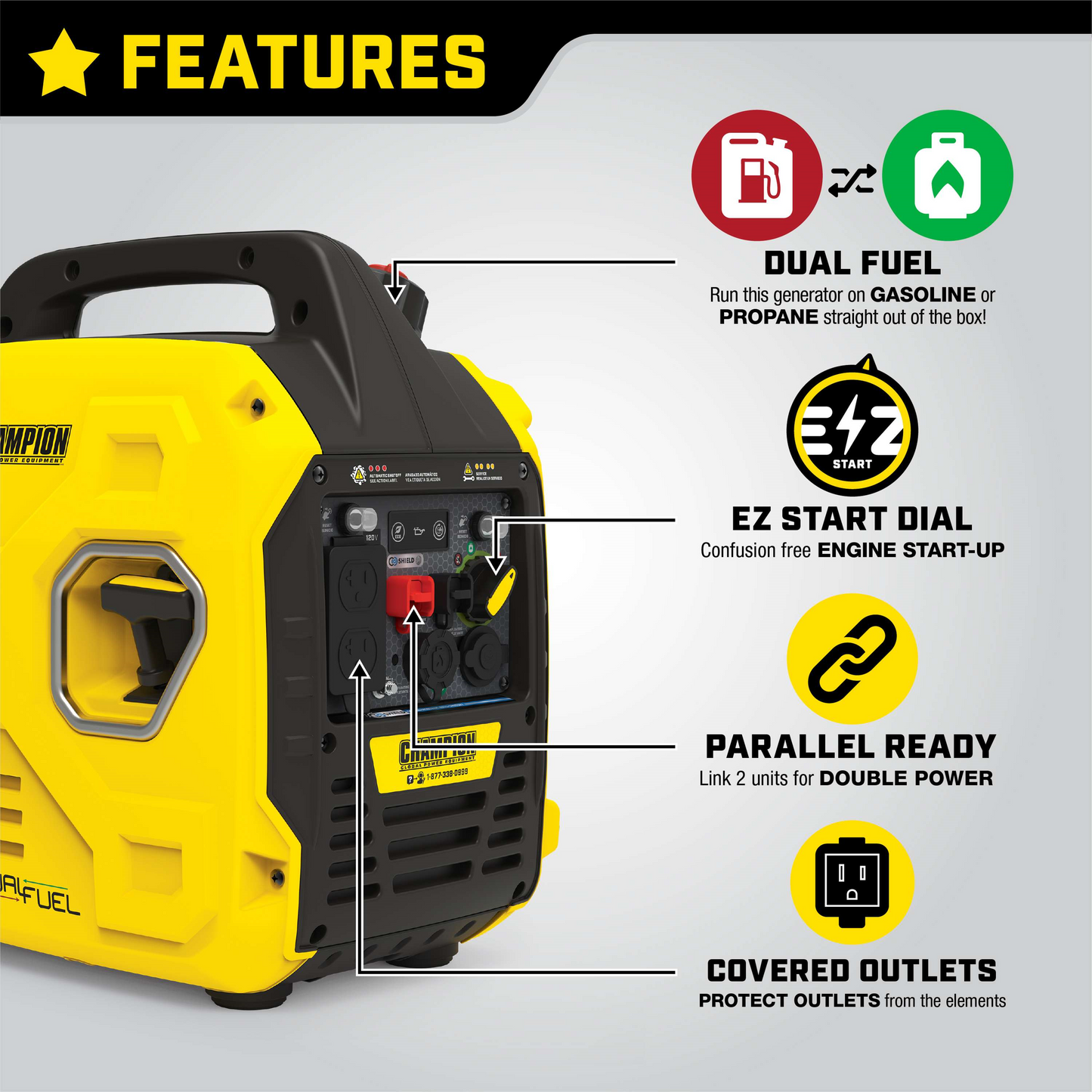 Champion 201183 Dual Fuel Gas Propane Inverter Generator 1850W/2500W Low THD and Parallel Ready with CO Shield New