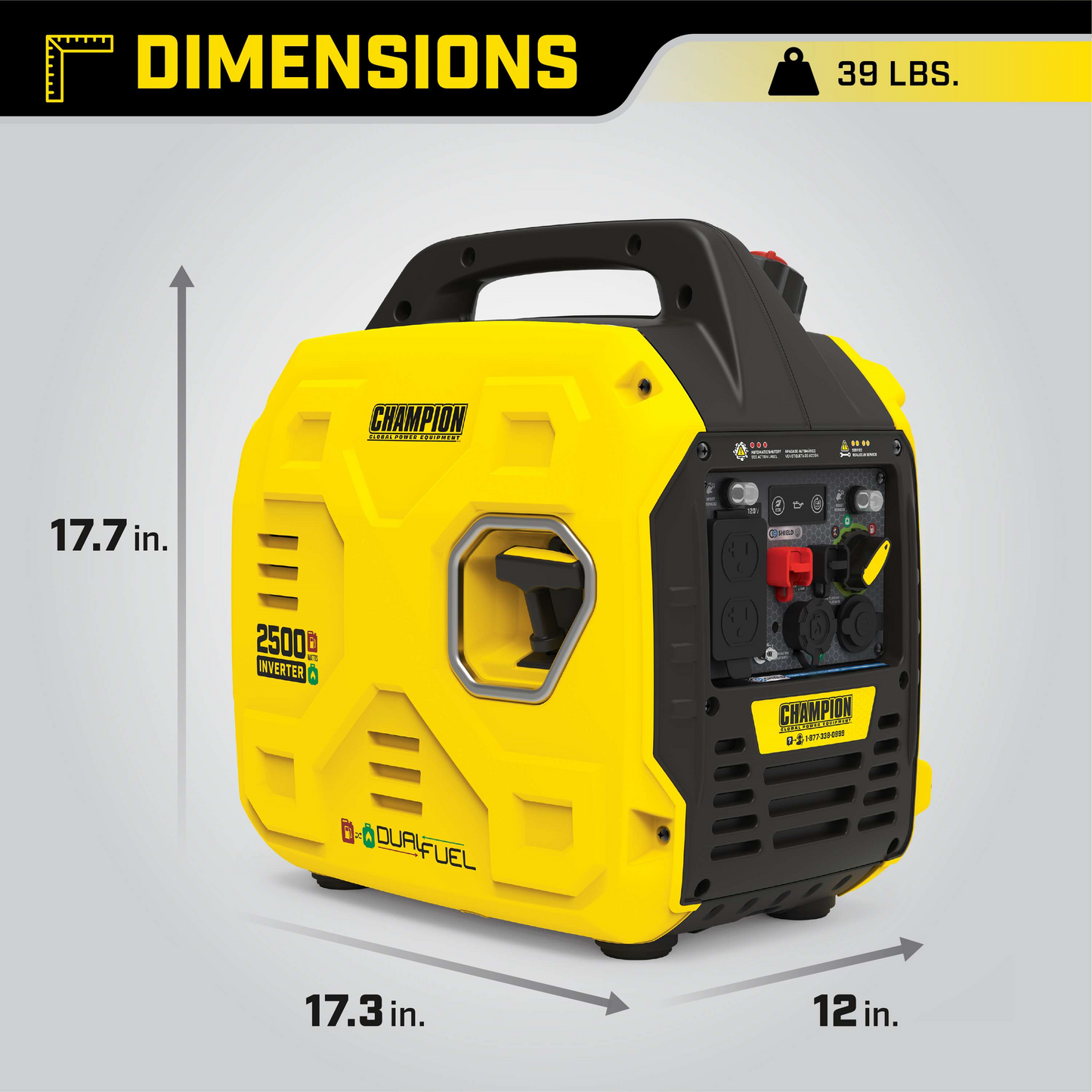 Champion 201183 Dual Fuel Gas Propane Inverter Generator 1850W/2500W Low THD and Parallel Ready with CO Shield New