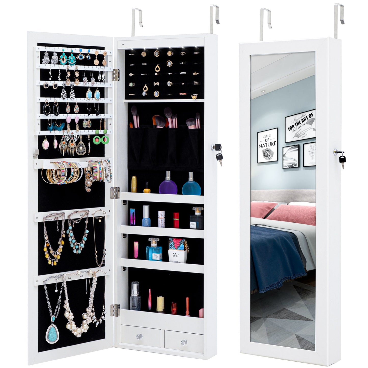 Jewelry Cabinet with Full Length Mirror / Fashion Simple Mirror Jewelry Armoire with LED Lights / Jewelry Storage Cabinet Wall/Door Mounted
