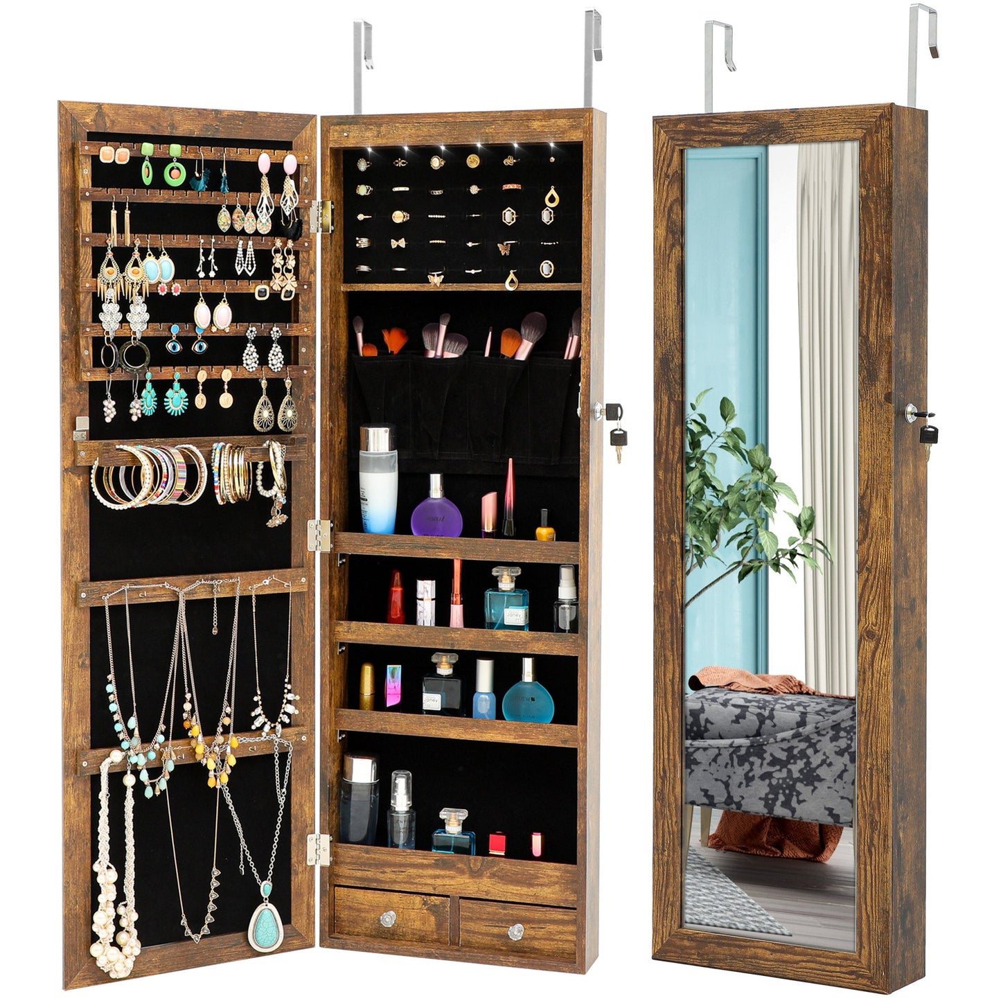 Jewelry Cabinet with Full Length Mirror / Fashion Simple Mirror Jewelry Armoire with LED Lights / Jewelry Storage Cabinet Wall/Door Mounted