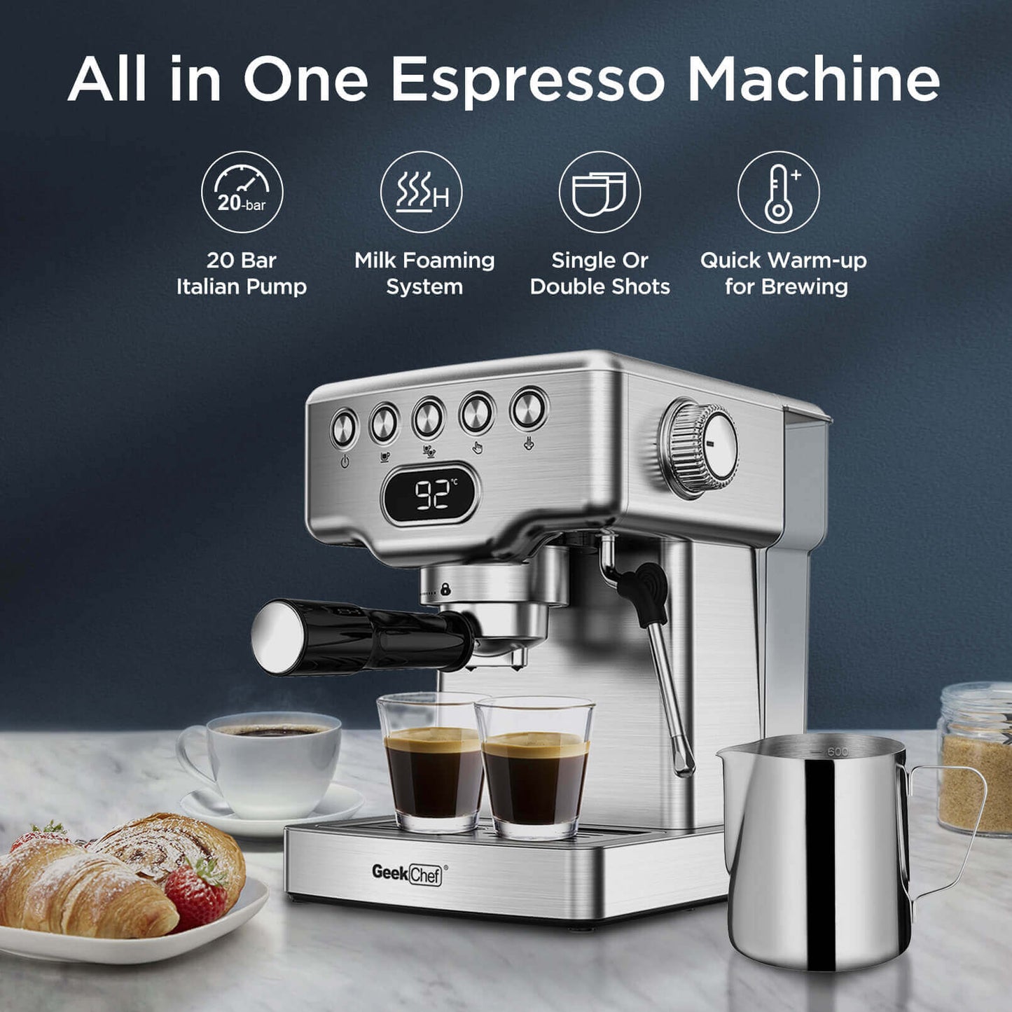 Espresso Machine / 20 Bar Coffee Machine with Milk Frother Steam Wand / Latte & Cappuccino Home Maker with ESE Filters, Stainless Steel