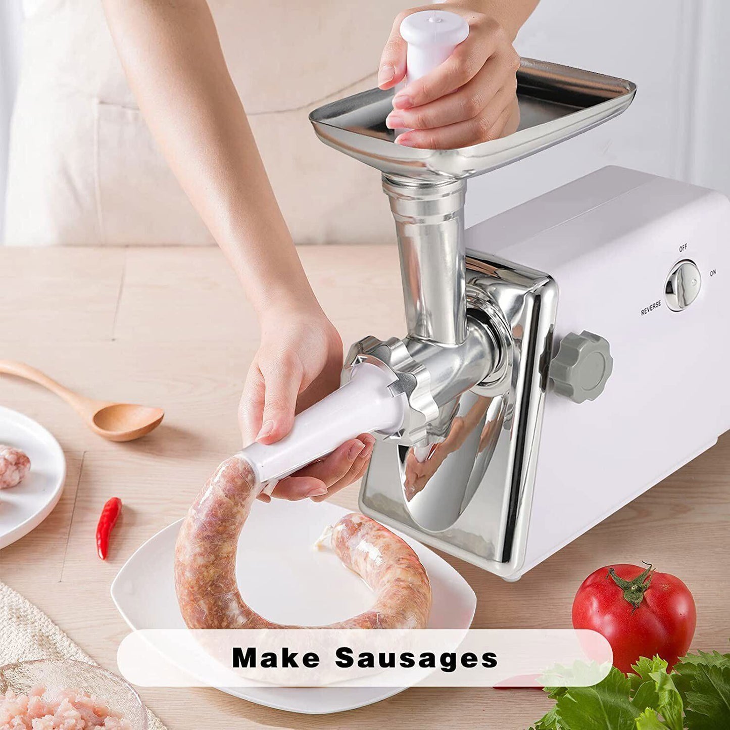 Electric Meat Grinder/Heavy Duty Meat Mincer/Food Grinder with Sausage & Kubbe Kit 3 Grinder Plates Suitable for Home Kitchen, White