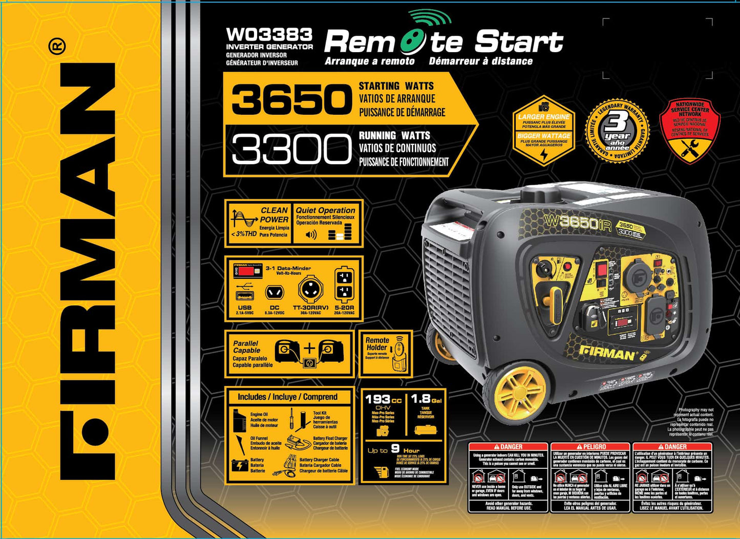 Firman W03383 3300W/3600W Gas Remote Start Inverter Generator Manufacturer RFB
