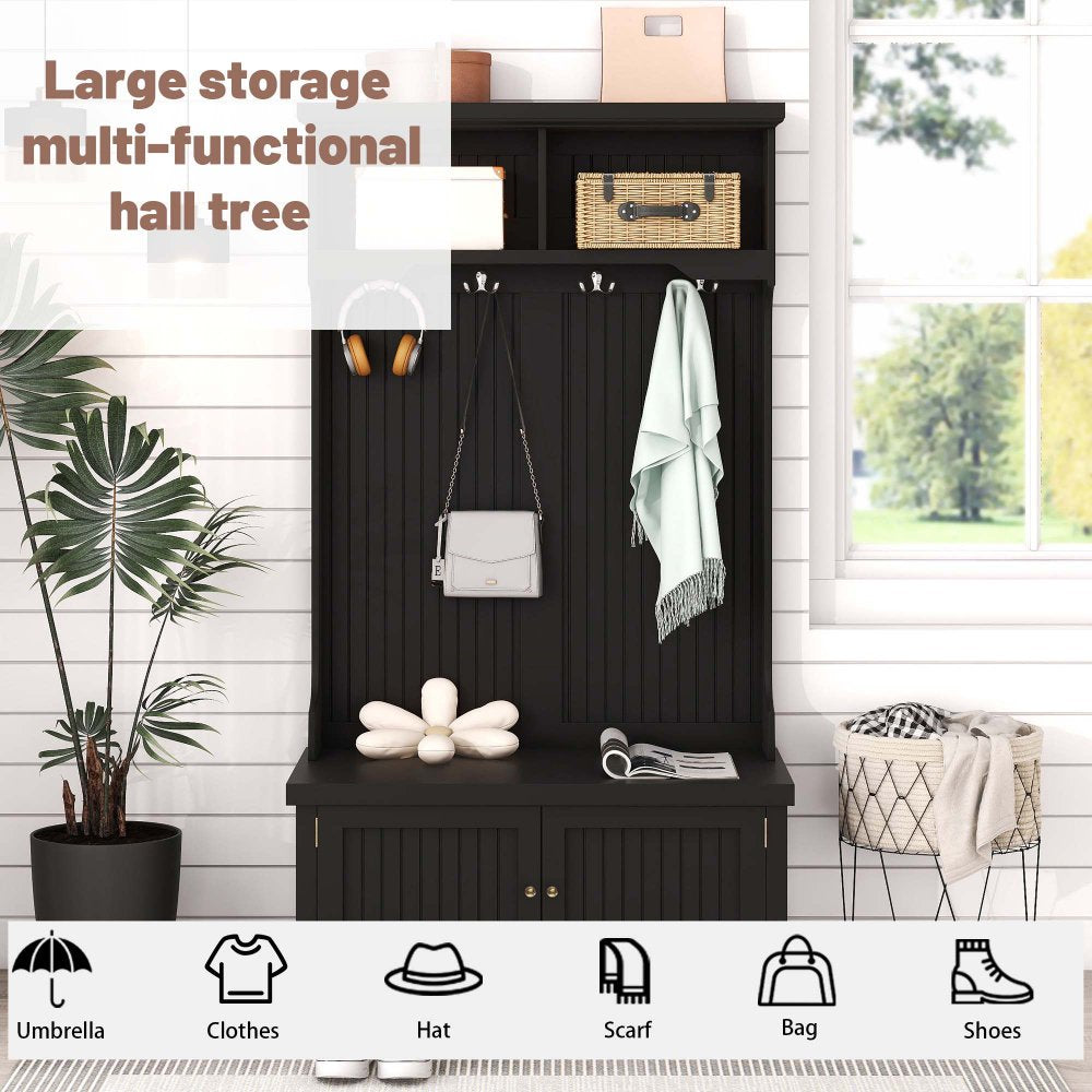 Coat Rack Storage Shoe Bench Hall Tree/ 4-in-1 Entryway Storage Cabinet with 4 Double Hooks & 2 Compartments for Living Room Hallway Mudroom