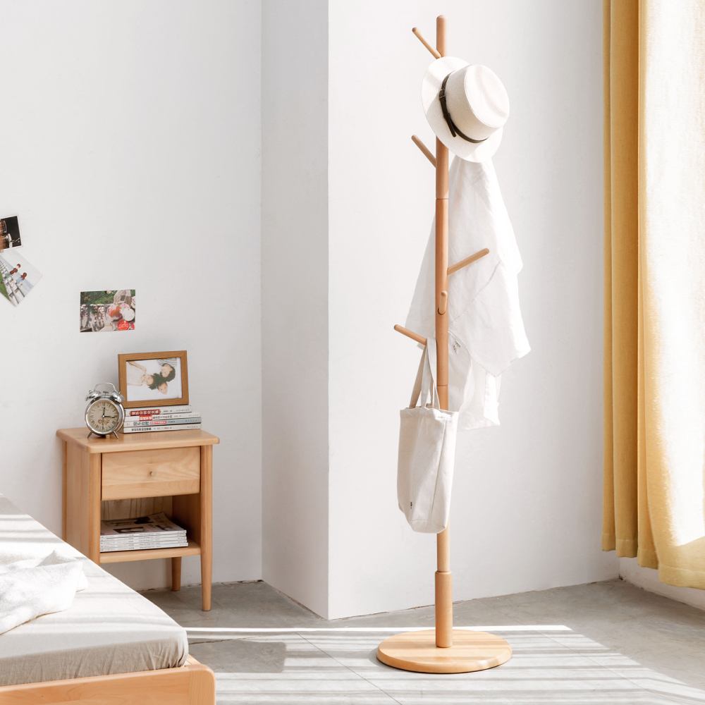 Wooden Coat Rack Freestanding Stand / Hall Tree Hat Stand with 8 Hooks 3 Adjustable Heights / Floor Stand Easy Assembly for Bedroom, Office, Hallway, Entrance