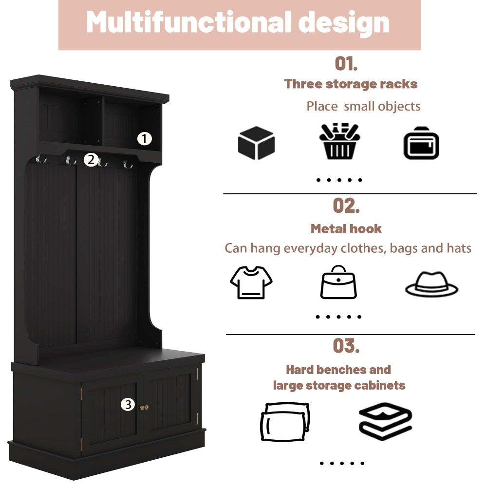Coat Rack Storage Shoe Bench Hall Tree/ 4-in-1 Entryway Storage Cabinet with 4 Double Hooks & 2 Compartments for Living Room Hallway Mudroom