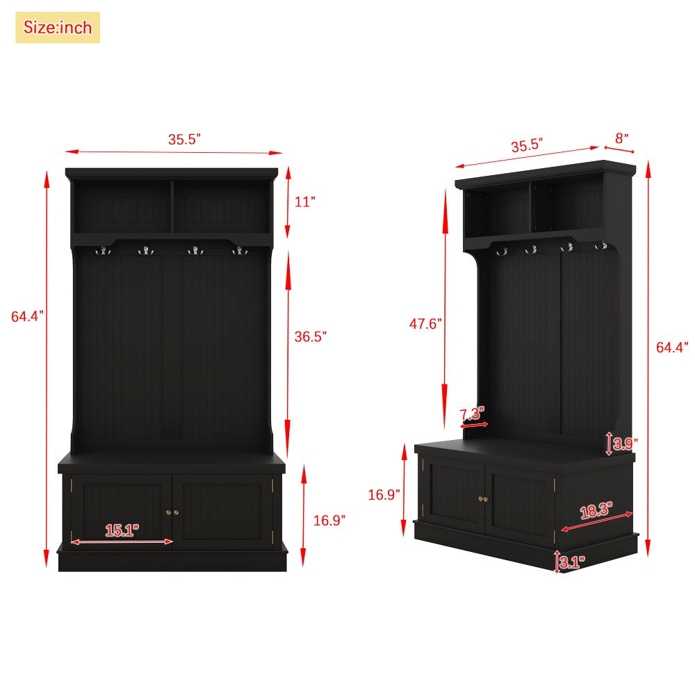 Coat Rack Storage Shoe Bench Hall Tree/ 4-in-1 Entryway Storage Cabinet with 4 Double Hooks & 2 Compartments for Living Room Hallway Mudroom