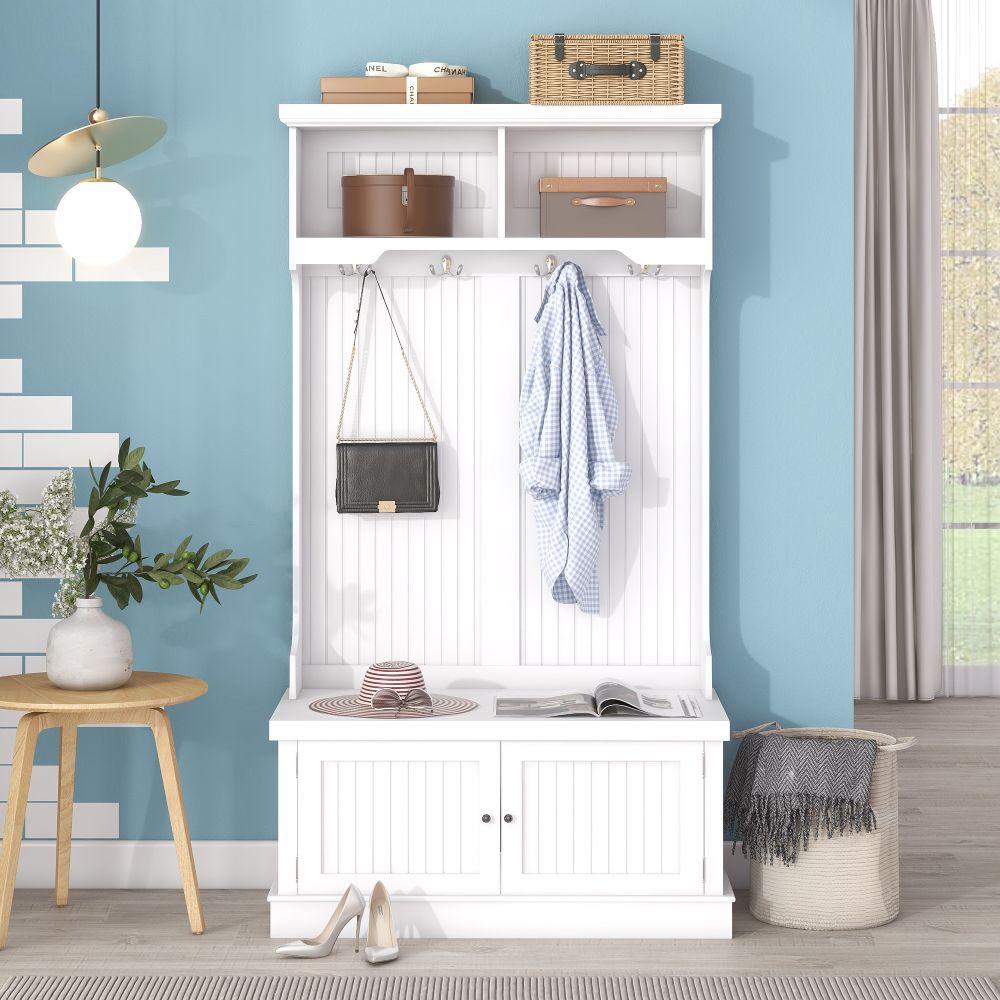 Coat Rack Storage Shoe Bench Hall Tree/ 4-in-1 Entryway Storage Cabinet with 4 Double Hooks & 2 Compartments for Living Room Hallway Mudroom