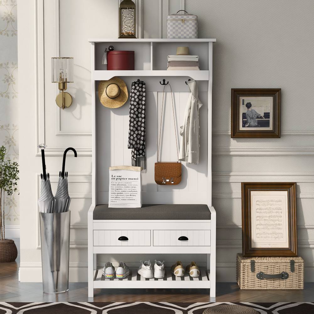 Entryway Hall Tree with Coat Rack & Shoe Bench / 3-in-1 Storage Bench with 2 Drawers, 4 Hooks & Shoe Storage Shelves