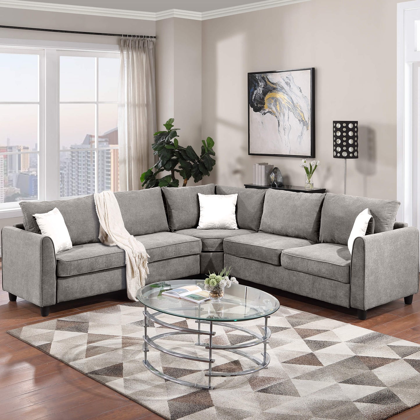 Sectional Sofa Furniture, Fabric L Shape Couch Living Room with 3 Pillows, Gray