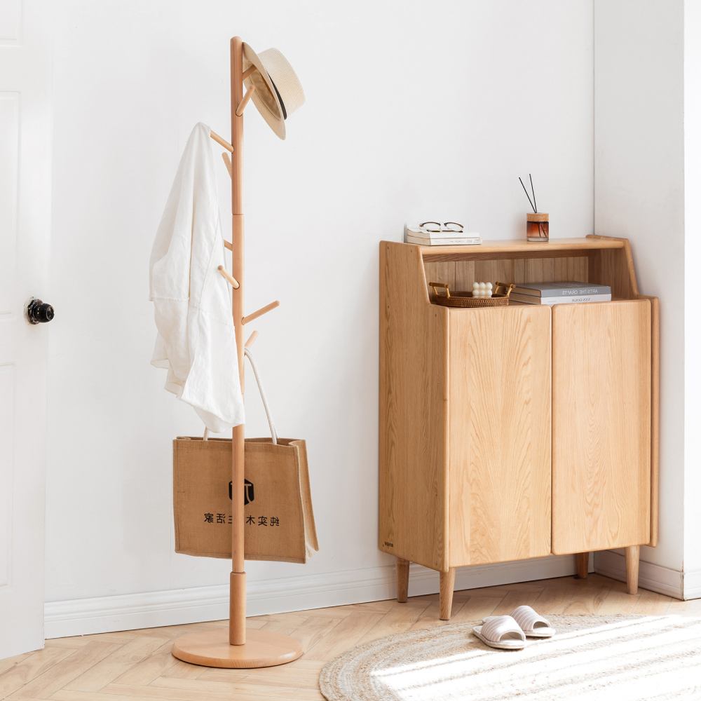 Wooden Coat Rack Freestanding Stand / Hall Tree Hat Stand with 8 Hooks 3 Adjustable Heights / Floor Stand Easy Assembly for Bedroom, Office, Hallway, Entrance