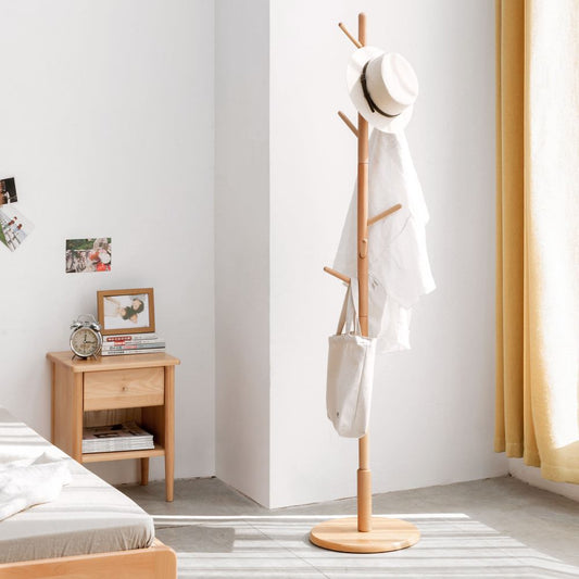 Wooden Coat Rack Freestanding Stand / Hall Tree Hat Stand with 8 Hooks 3 Adjustable Heights / Floor Stand Easy Assembly for Bedroom, Office, Hallway, Entrance