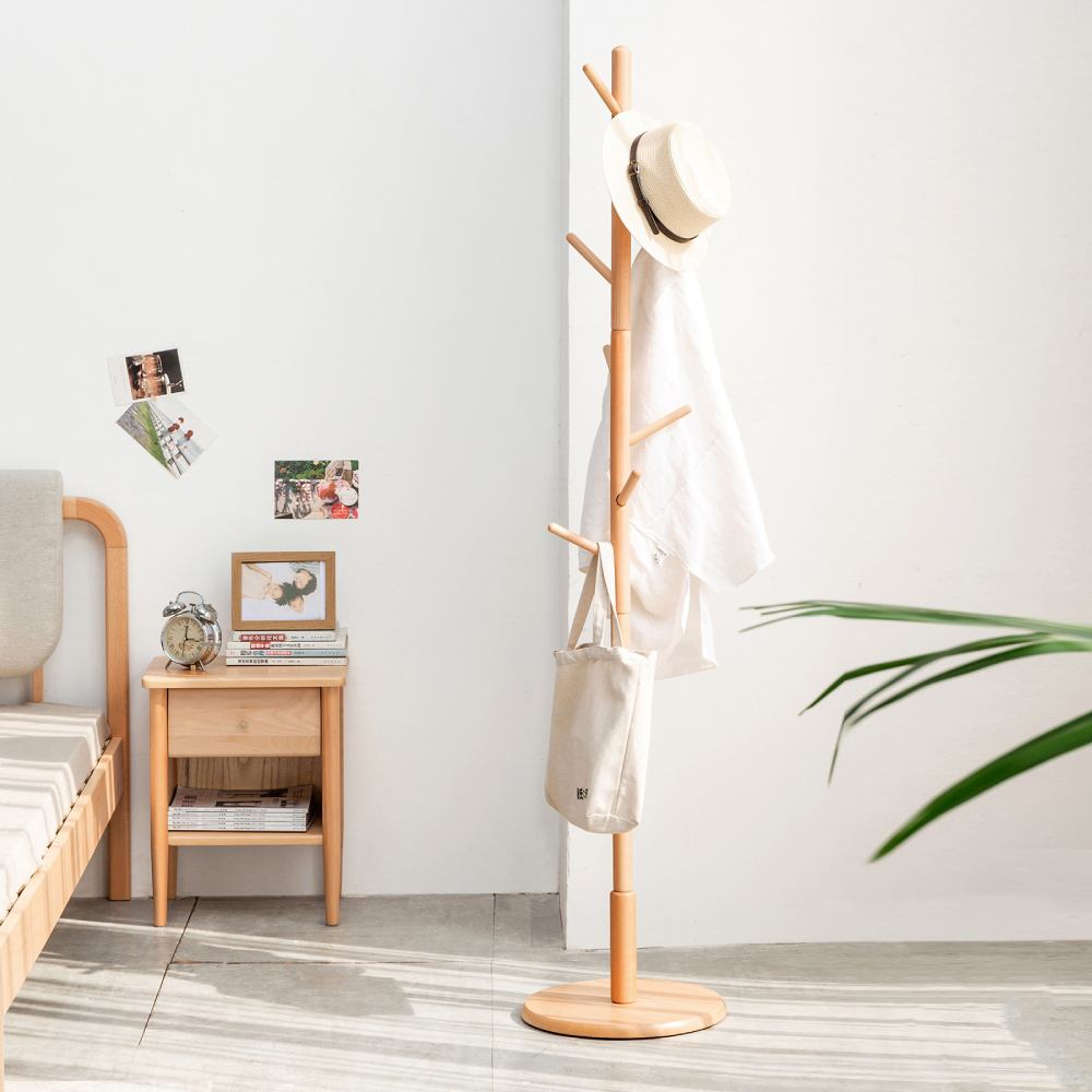 Wooden Coat Rack Freestanding Stand / Hall Tree Hat Stand with 8 Hooks 3 Adjustable Heights / Floor Stand Easy Assembly for Bedroom, Office, Hallway, Entrance