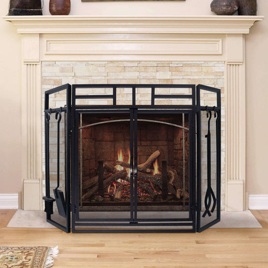 Fireplace Screen Tool Sets / Large Steel Mesh Fireplace Sreen with Doors / Solid Wrought Iron Metal Fire Place Panels