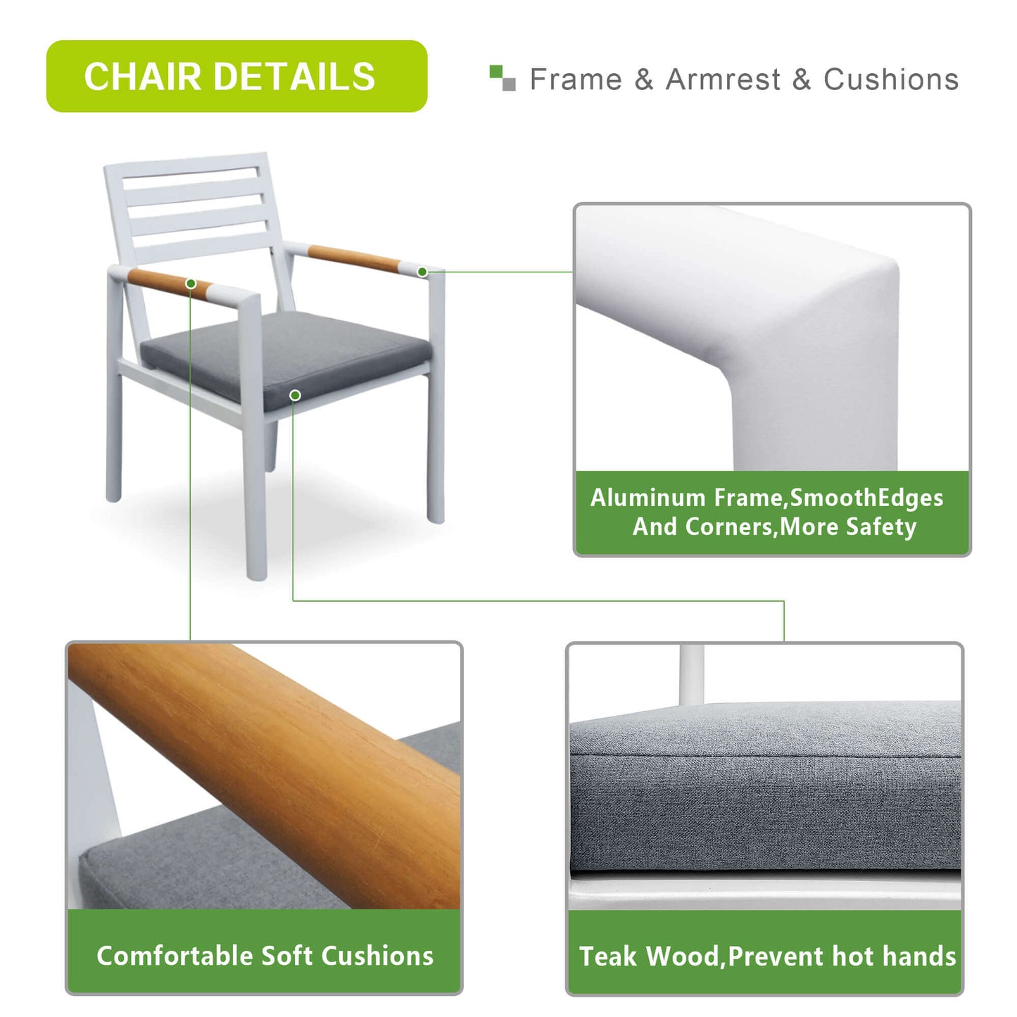 Patio Aluminum Dining Chairs Set of 2, Armchair with Cushion for Outdoor, Indoor