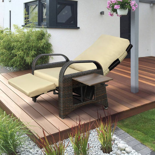 Outdoor Wicker Recliner Chair / All-Weather PE Rattan Reclining / Patio Chairs with Flip Side Table, Khaki